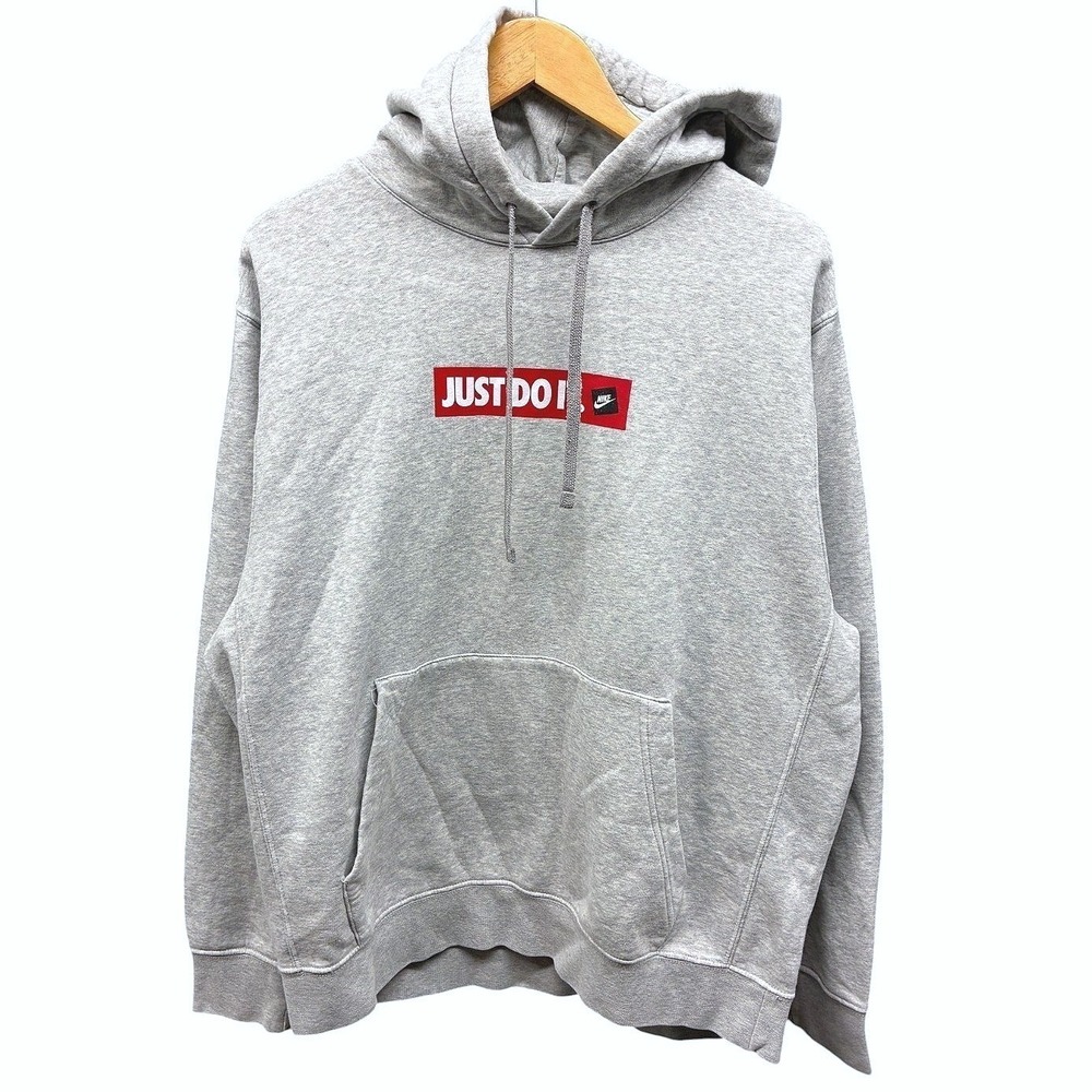 Nike Just Do It Box Logo Pullover Hoodie Mens L Gray Fleece Athletic Streetwear